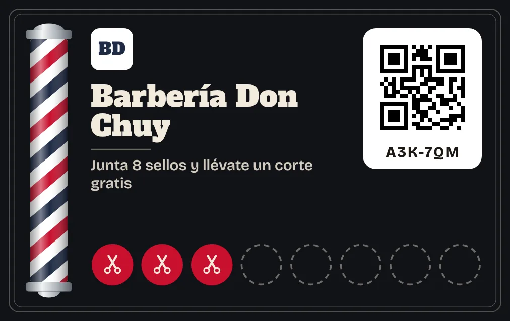 Tarjeta de afiliado impresa de ejemplo de Barbería Don Chuy, con 3 sellos marcados de 8, código QR y el texto: Junta 8 sellos y llévate un corte gratis.