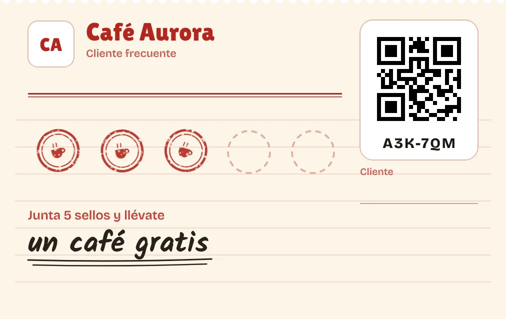 Tarjeta de afiliado impresa de ejemplo de Café Aurora, con 3 sellos marcados de 5, código QR y el texto: Junta 5 sellos y llévate un café gratis.