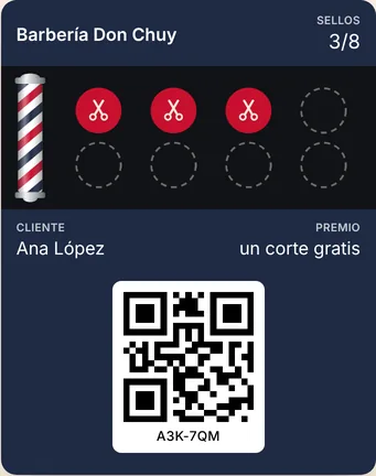 La misma tarjeta de Barbería Don Chuy guardada en la cartera del celular, con 3 de 8 sellos, el premio y el código para escanear.