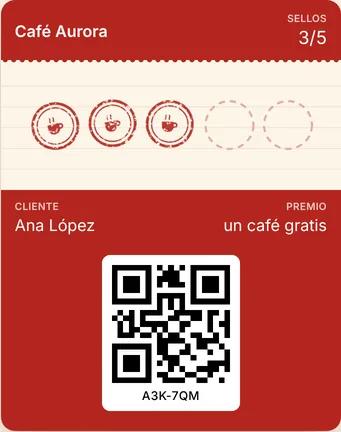 Tarjeta de afiliado de ejemplo de Café Aurora en el celular, con 3 de 5 sellos y un código para escanear.