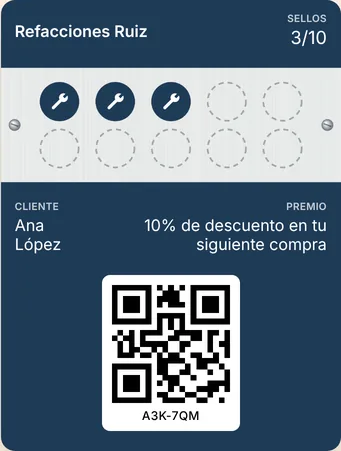La misma tarjeta de Refacciones Ruiz guardada en la cartera del celular, con 3 de 10 sellos, el premio y el código para escanear.